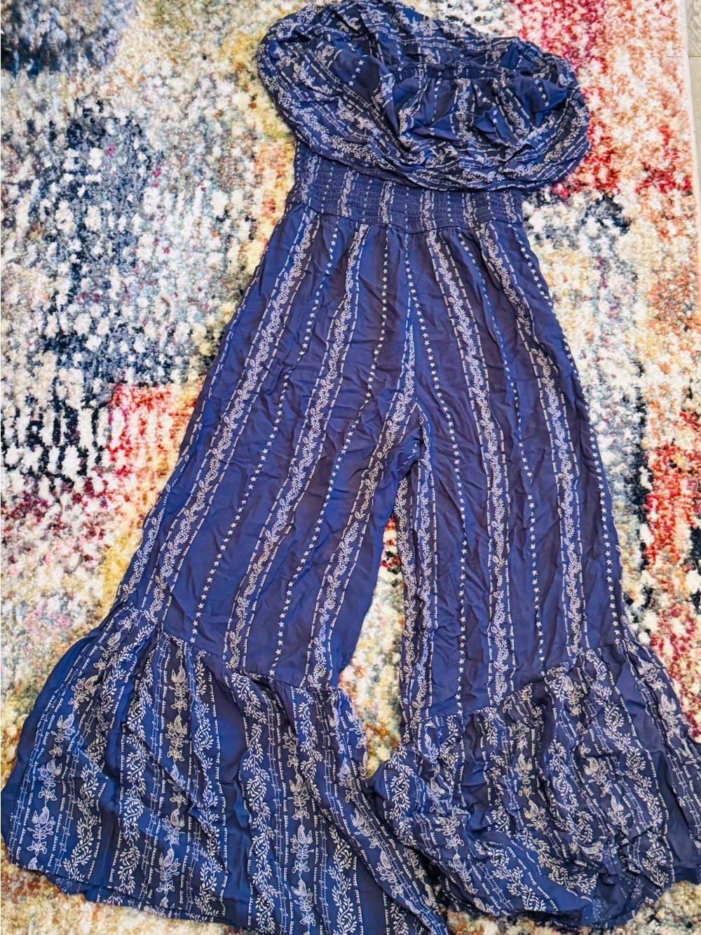 Bohemian Navy Blue Strapless Wide-Leg Jumpsuit
